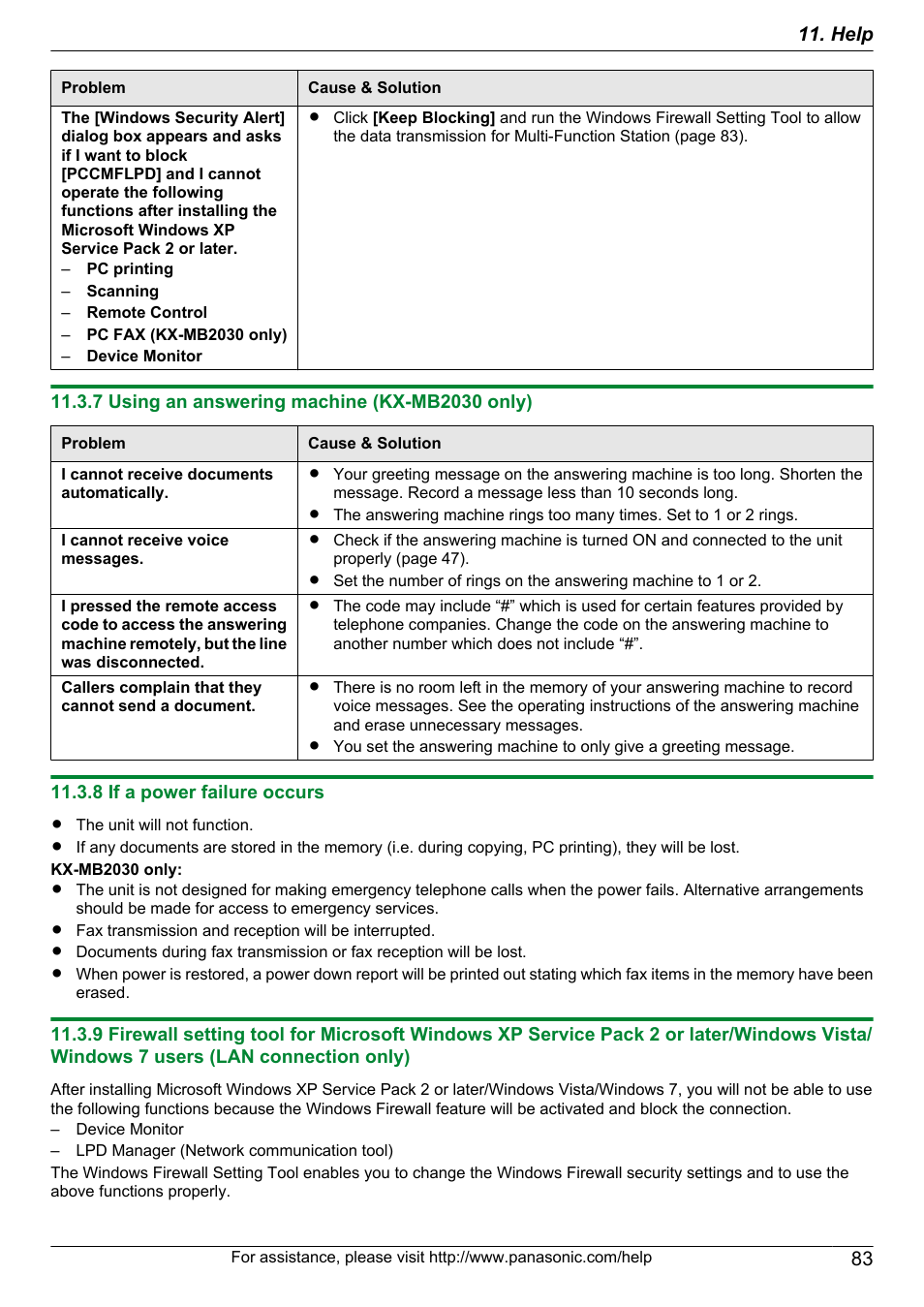 7 using an answering machine (kx-mb2030 only), 8 if a power failure occurs, 83 11. help | Panasonic CM0310DY0-CD User Manual | Page 83 / 116