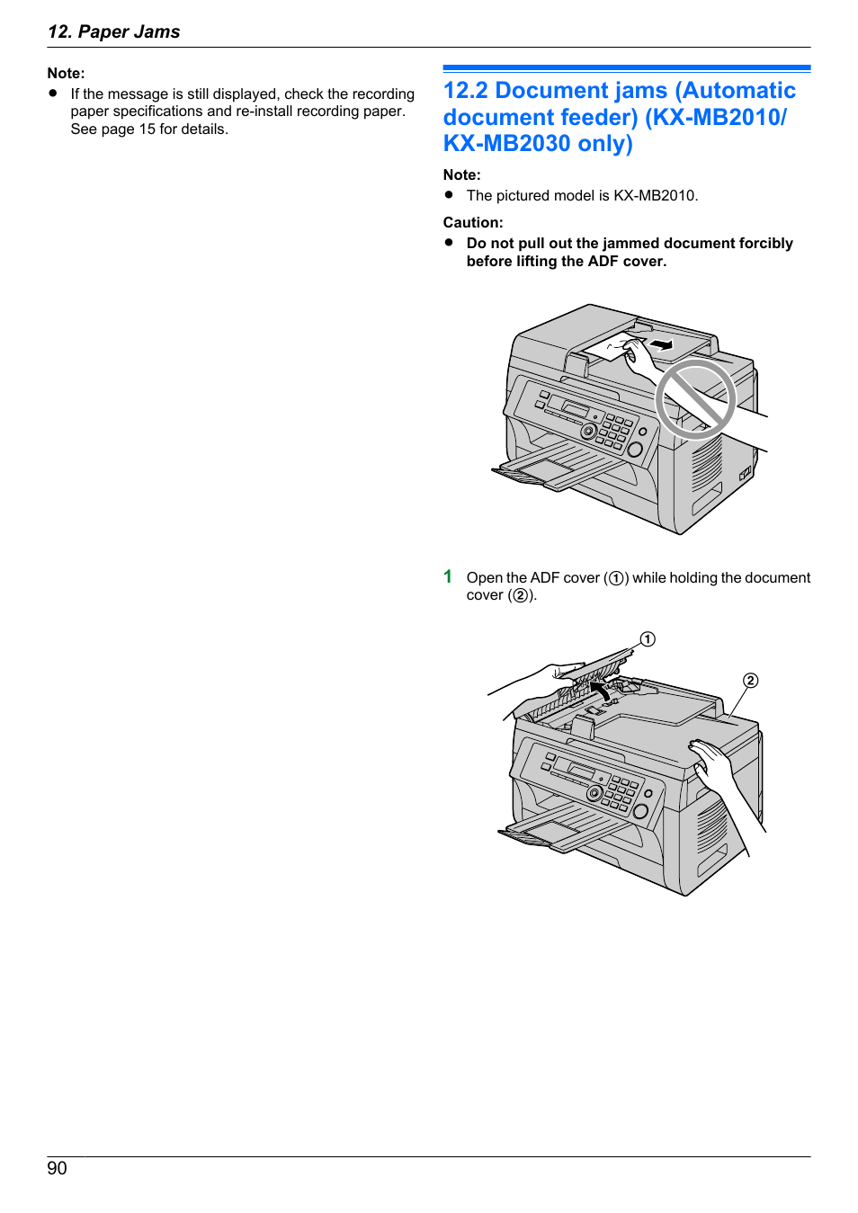 Document jams (automatic document feeder), Kx-mb2010/kx-mb2030 only) | Panasonic CM0310DY0-CD User Manual | Page 90 / 116
