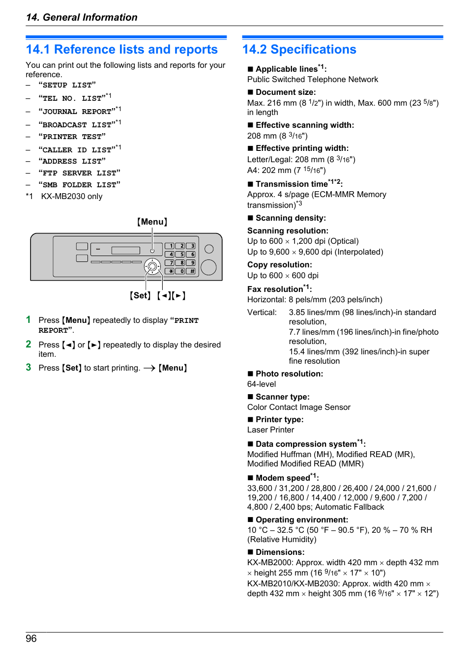 General information, Printed reports, 1 reference lists and reports | Specifications, 2 specifications, Reference lists and reports | Panasonic CM0310DY0-CD User Manual | Page 96 / 116