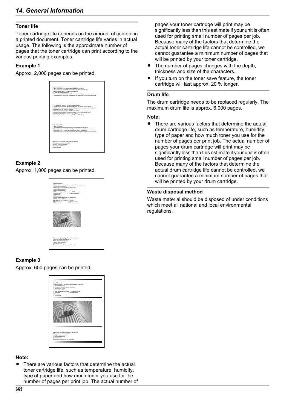 98 for, 98 14. general information, Example 3 approx. 650 pages can be printed | Panasonic CM0310DY0-CD User Manual | Page 98 / 116
