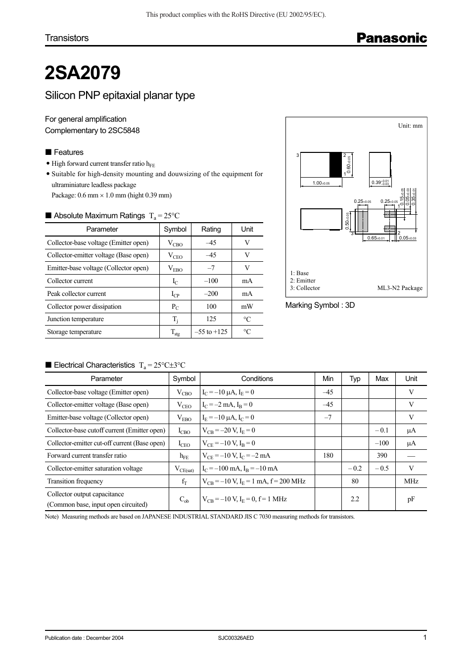 Panasonic 2SA2079 User Manual | 3 pages