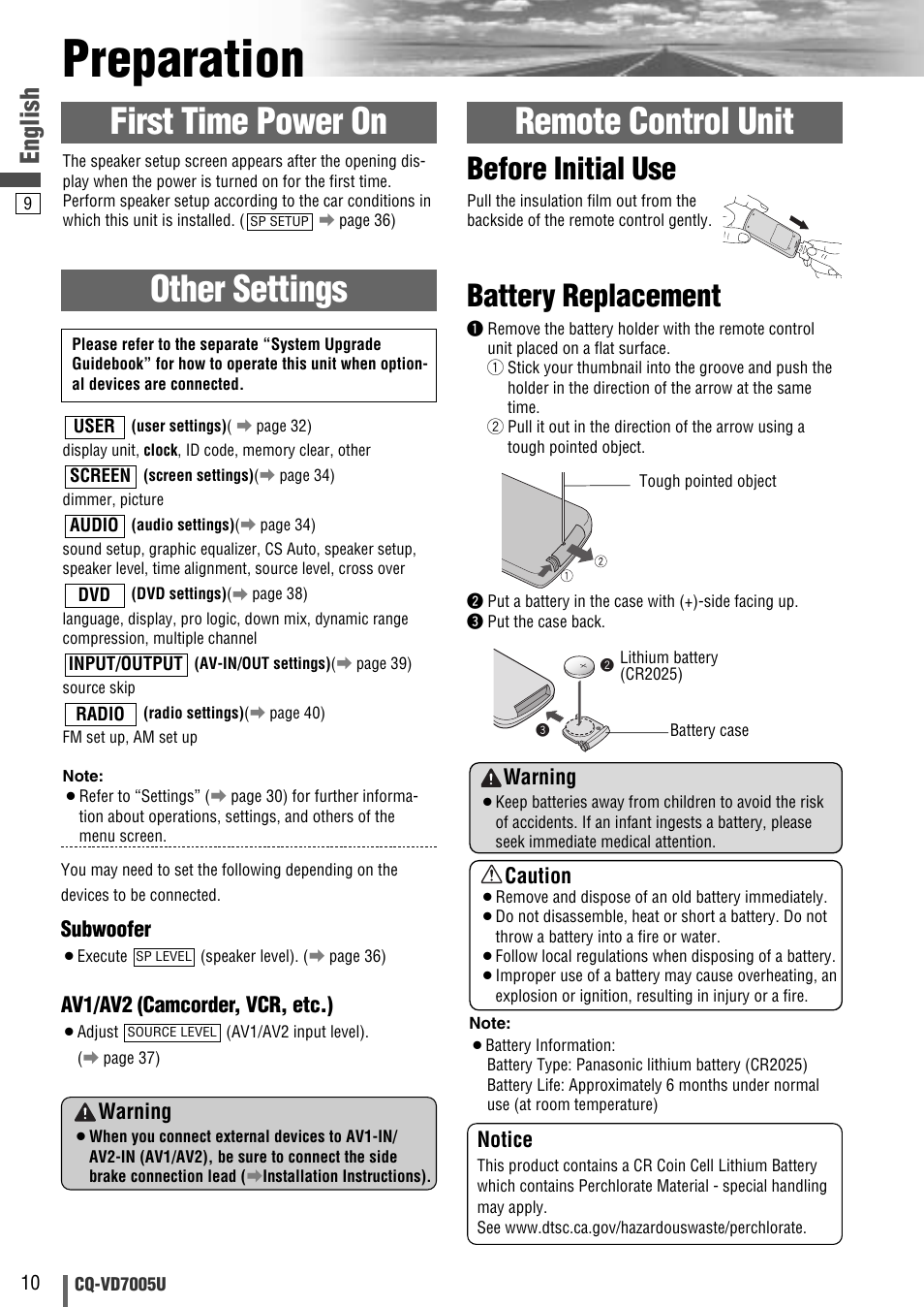 Preparation, Battery replacement, Before initial use | English, Subwoofer, Av1/av2 (camcorder, vcr, etc.), Warning, Caution, Notice | Panasonic CQ-VD7005U User Manual | Page 10 / 52