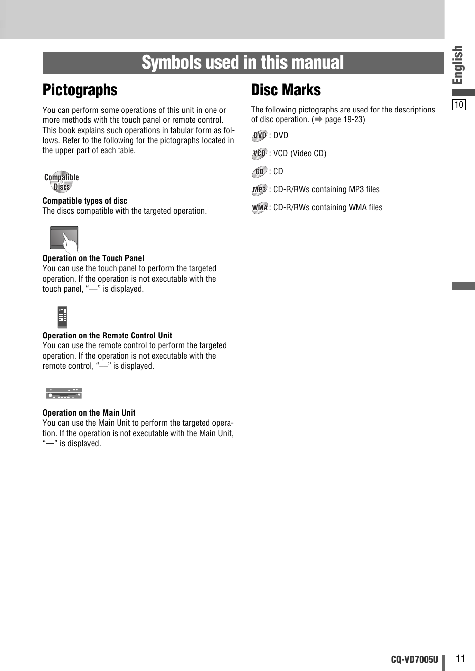 Symbols used in this manual, Pictographs, Disc marks | English | Panasonic CQ-VD7005U User Manual | Page 11 / 52