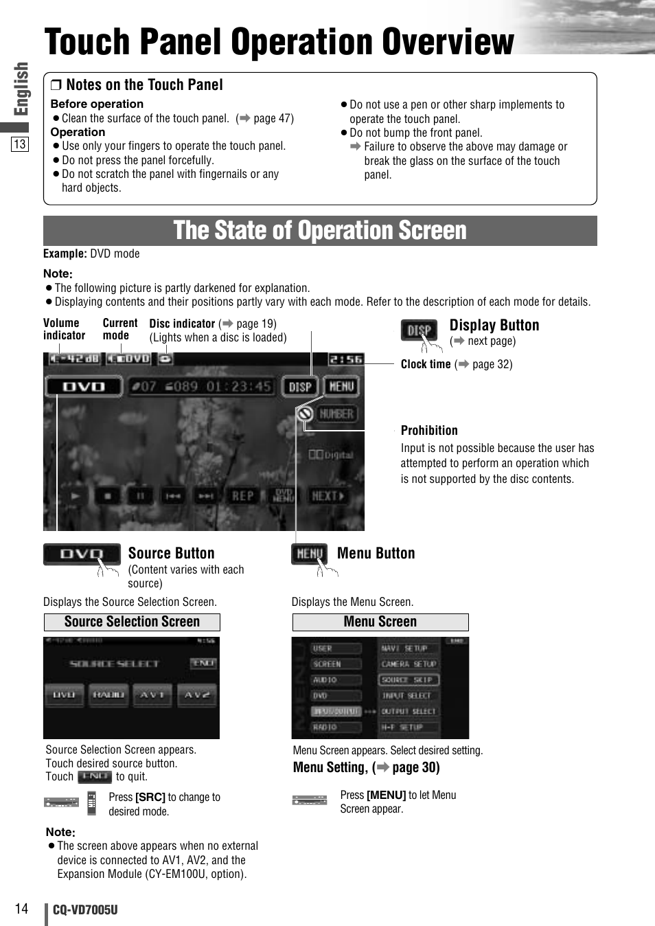 Touch panel operation overview, The state of operation screen, English | Panasonic CQ-VD7005U User Manual | Page 14 / 52