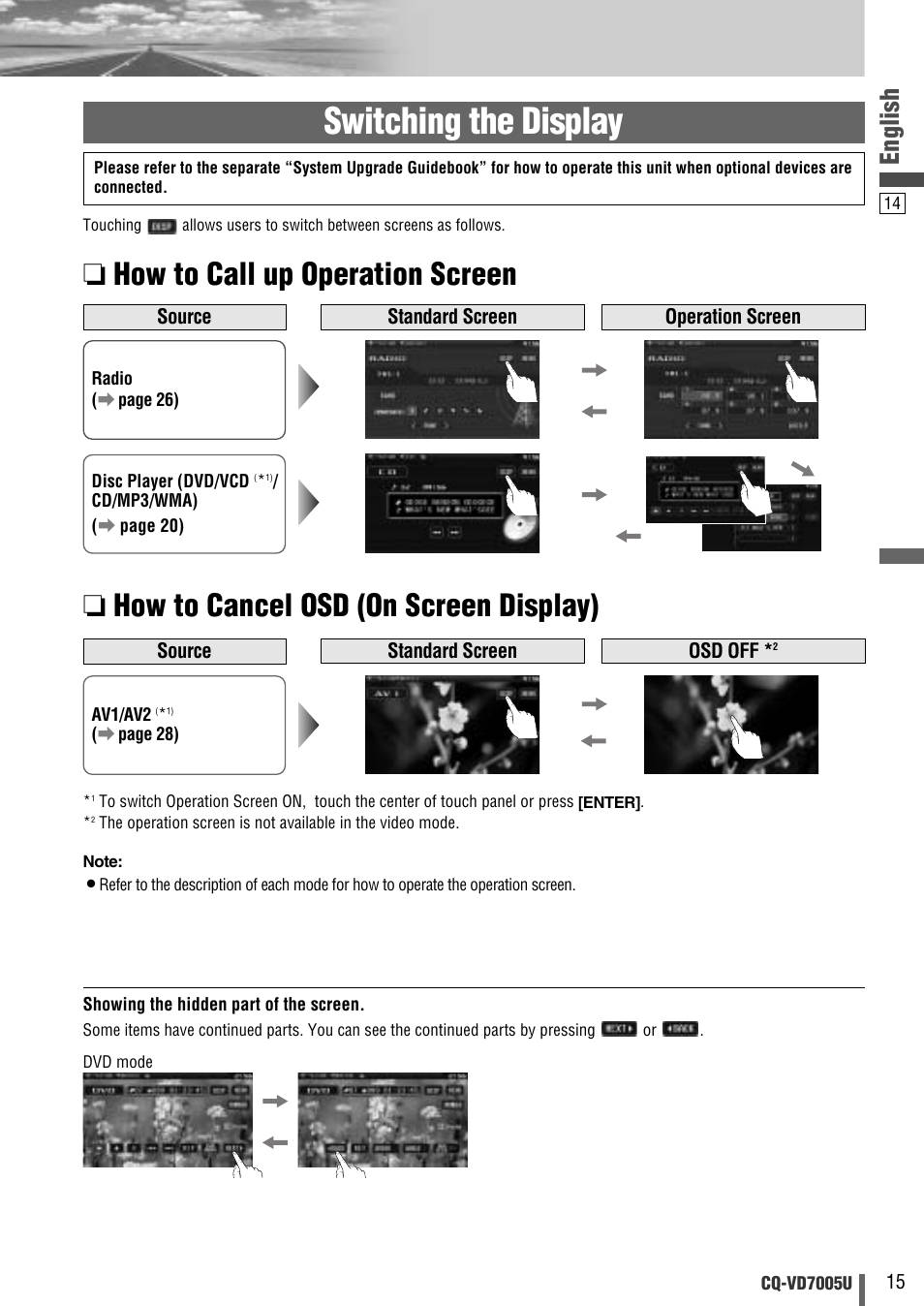 Switching the display, English | Panasonic CQ-VD7005U User Manual | Page 15 / 52