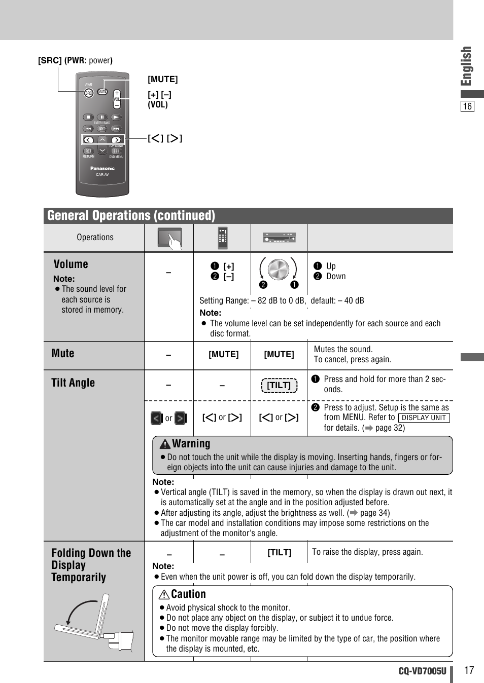 English, General operations (continued), Volume | Tilt angle folding down the display temporarily, Mute, Caution, Warning | Panasonic CQ-VD7005U User Manual | Page 17 / 52