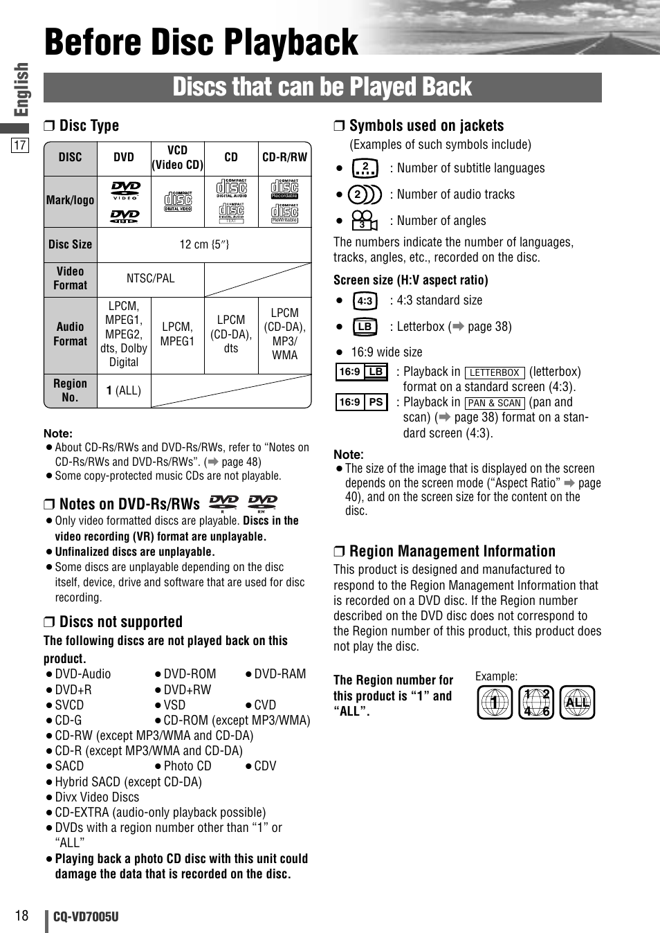 Before disc playback, Discs that can be played back, English | Symbols used on jackets, Region management information, Disc type, Discs not supported | Panasonic CQ-VD7005U User Manual | Page 18 / 52