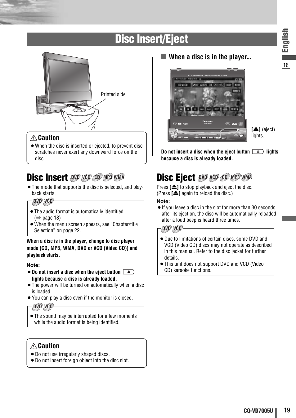 Disc insert/eject, Disc insert, Disc eject | English, When a disc is in the player, Caution, Cq-vd7005u | Panasonic CQ-VD7005U User Manual | Page 19 / 52