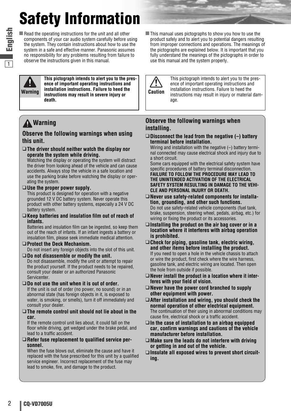 Safety information, English, Warning | Panasonic CQ-VD7005U User Manual | Page 2 / 52