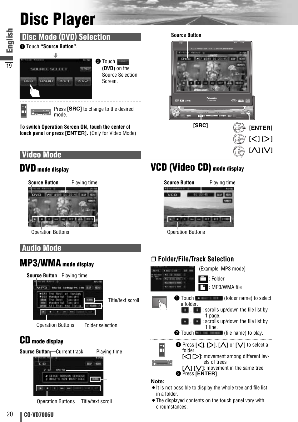 Disc player, Mp3/wma, Vcd (video cd) | English, Video mode, Audio mode, Disc mode (dvd) selection, Folder/file/track selection | Panasonic CQ-VD7005U User Manual | Page 20 / 52