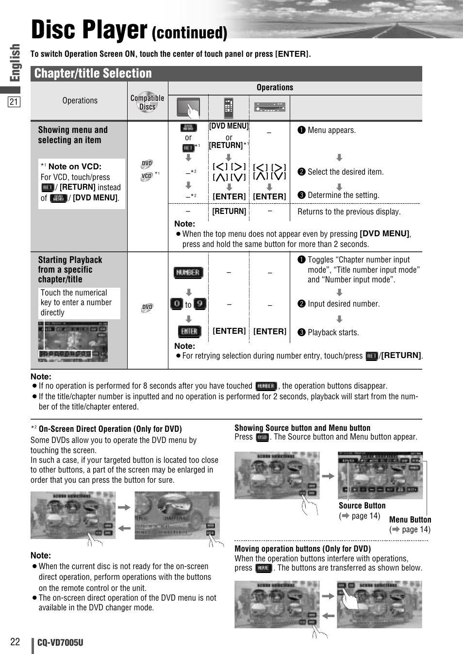 Disc player, Continued), English | Chapter/title selection | Panasonic CQ-VD7005U User Manual | Page 22 / 52