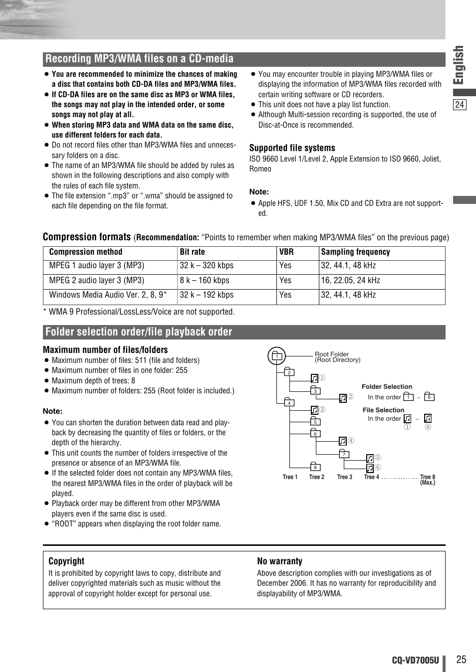 English, Recording mp3/wma files on a cd-media, Compression formats | Panasonic CQ-VD7005U User Manual | Page 25 / 52