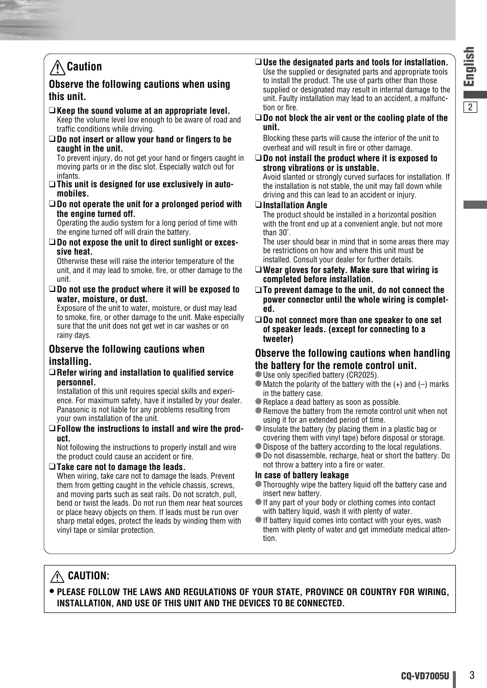 English, Caution | Panasonic CQ-VD7005U User Manual | Page 3 / 52