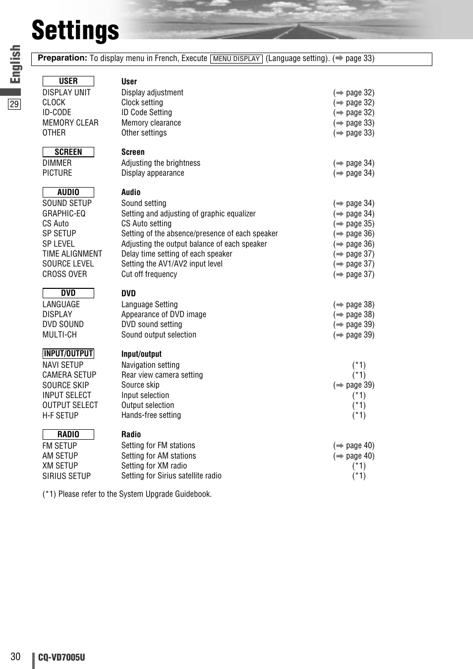 Settings, English | Panasonic CQ-VD7005U User Manual | Page 30 / 52