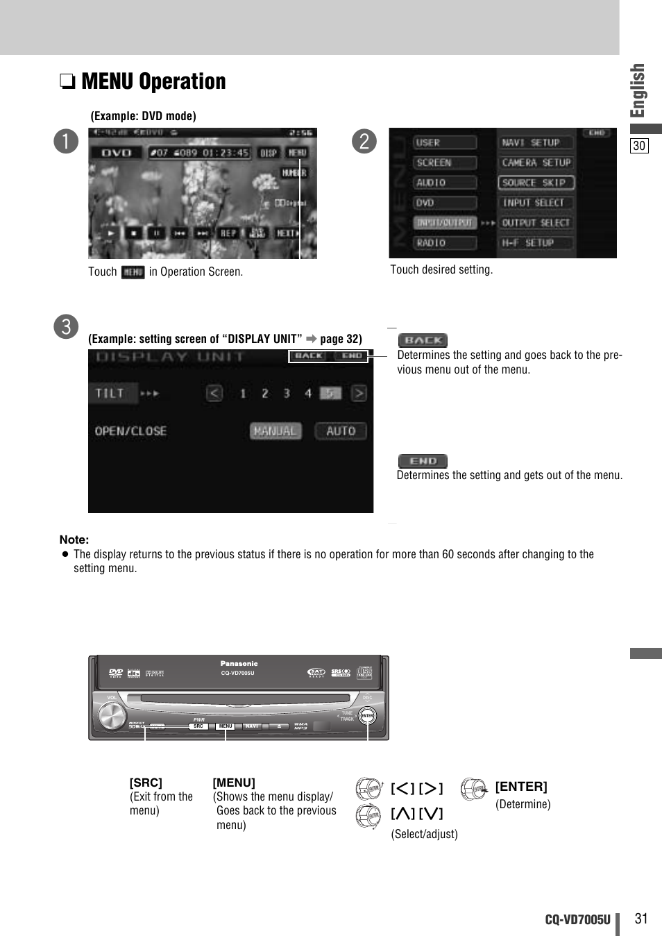 Menu operation, English, Cq-vd7005u | Enter | Panasonic CQ-VD7005U User Manual | Page 31 / 52