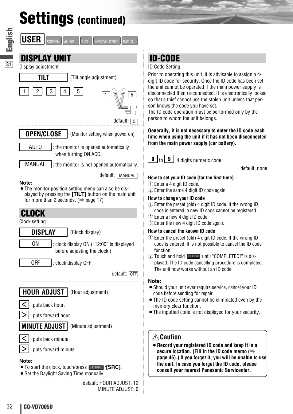 Settings, Continued), Id-code | Display unit, Clock, User, English, Caution, Tilt, Open/close | Panasonic CQ-VD7005U User Manual | Page 32 / 52