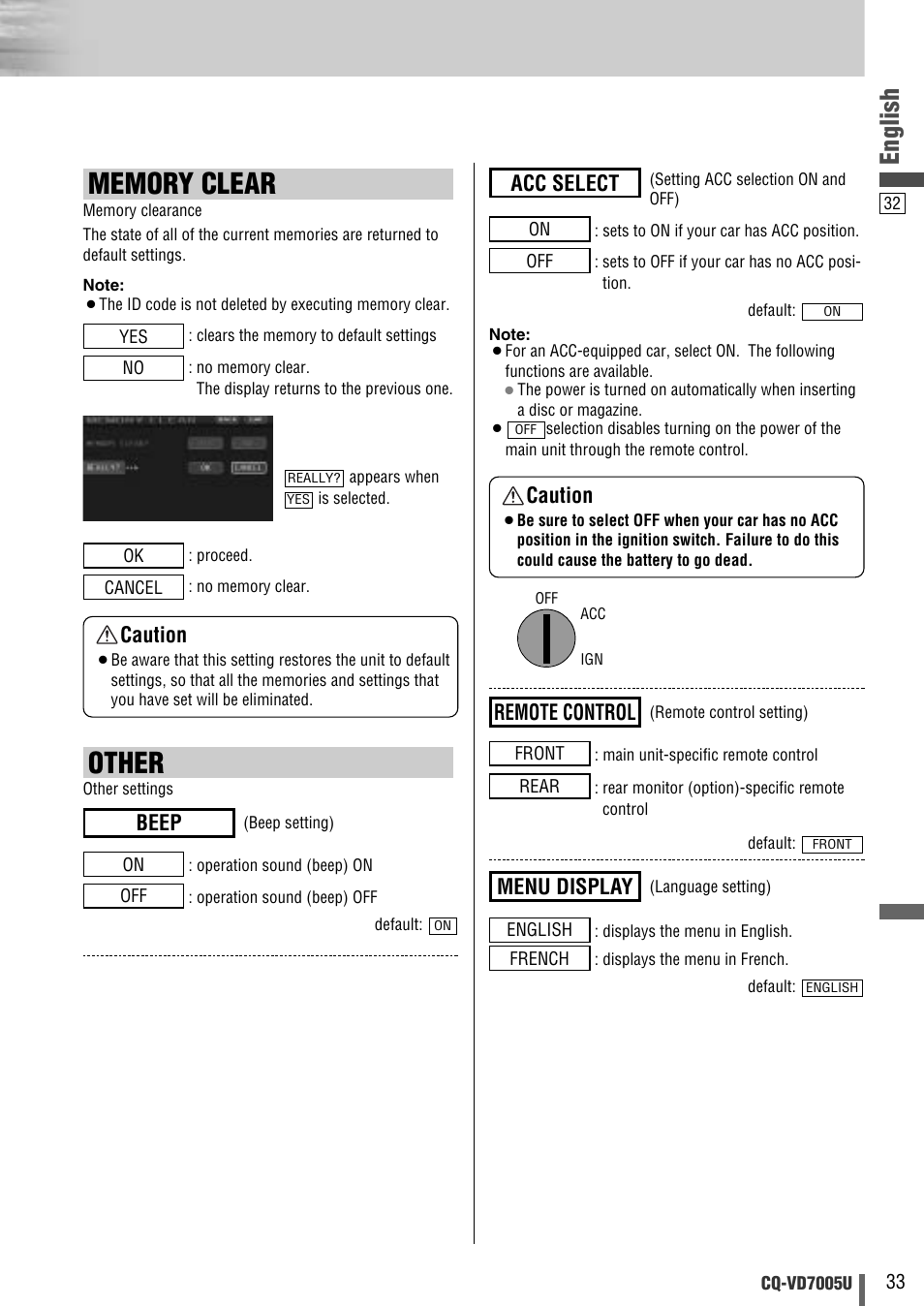 Other, English, Beep | Menu display, Remote control, Acc select caution, Caution | Panasonic CQ-VD7005U User Manual | Page 33 / 52