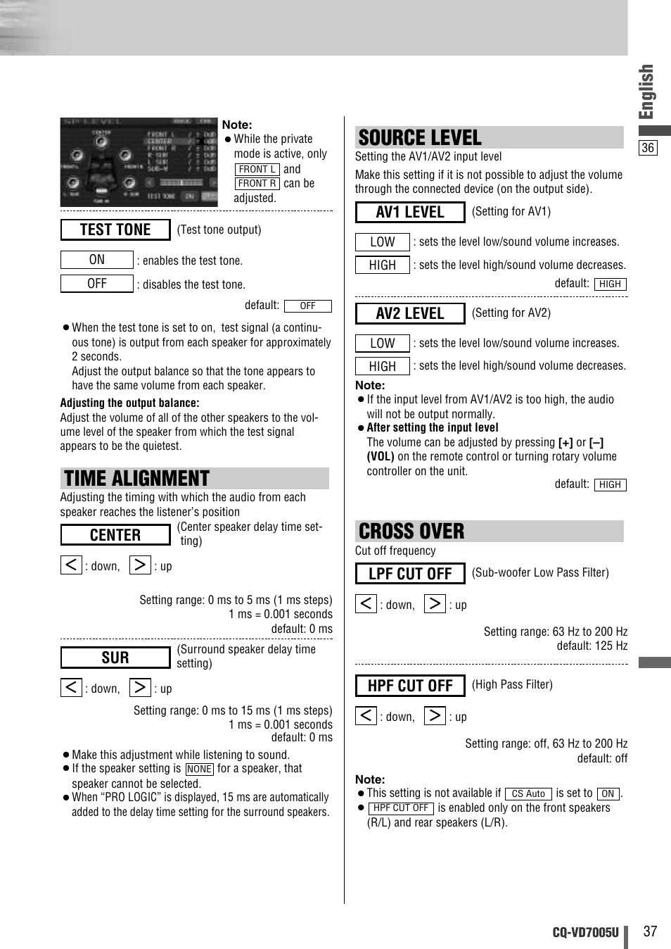 Cross over, Time alignment, Source level | English, Test tone, Hpf cut off, Lpf cut off, Center, Av2 level, Av1 level | Panasonic CQ-VD7005U User Manual | Page 37 / 52