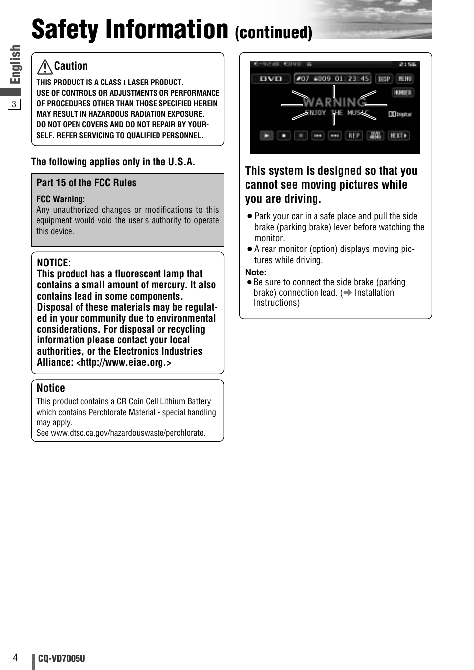 Safety information, Continued), English | Panasonic CQ-VD7005U User Manual | Page 4 / 52