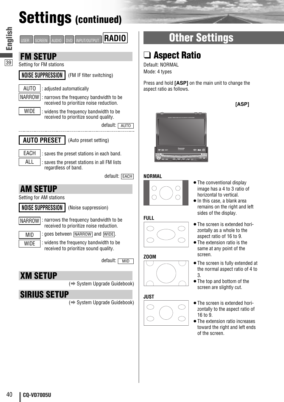 Settings, Other settings, Continued) | Aspect ratio, Fm setup, Am setup, Xm setup, Sirius setup, Radio, English | Panasonic CQ-VD7005U User Manual | Page 40 / 52