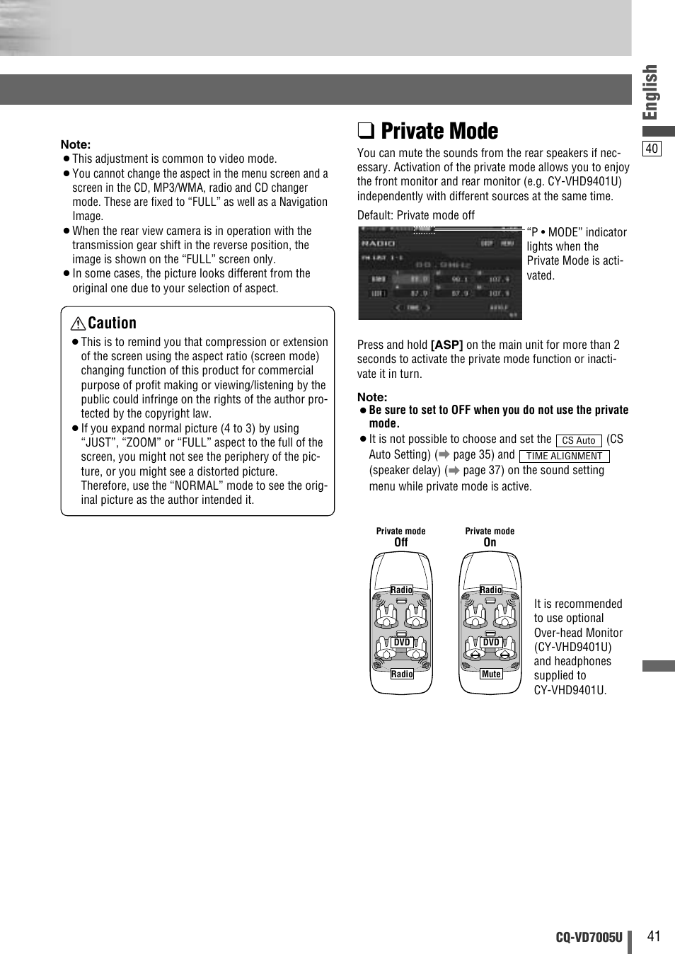 Private mode, English, Caution | Panasonic CQ-VD7005U User Manual | Page 41 / 52