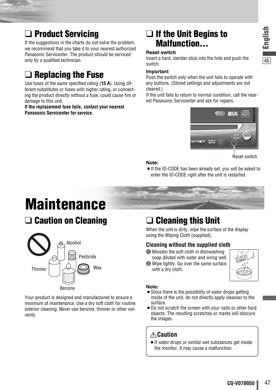 Maintenance, Product servicing, Replacing the fuse | If the unit begins to malfunction, Cleaning this unit, Caution on cleaning, English | Panasonic CQ-VD7005U User Manual | Page 47 / 52