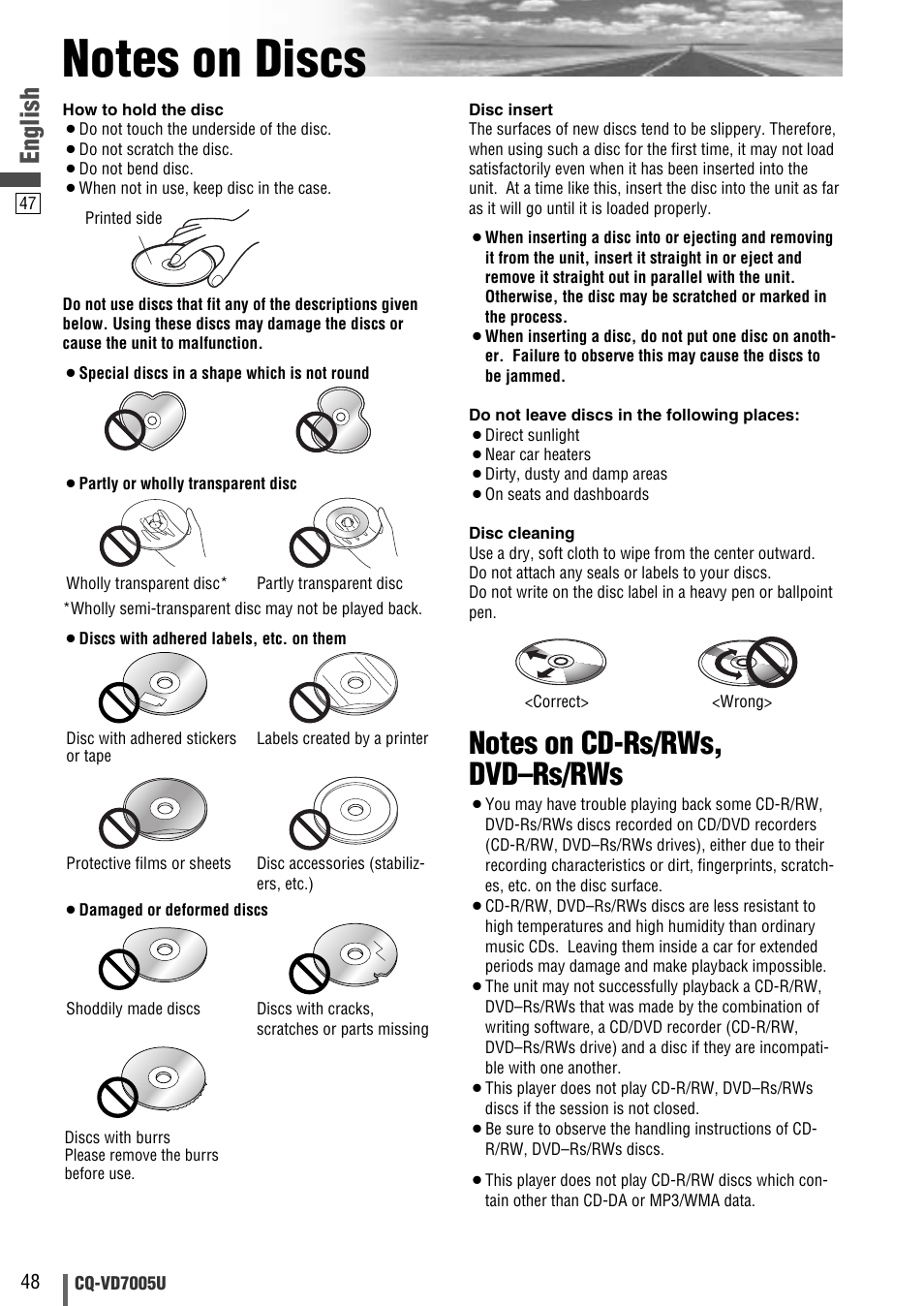 Notes on discs, English | Panasonic CQ-VD7005U User Manual | Page 48 / 52