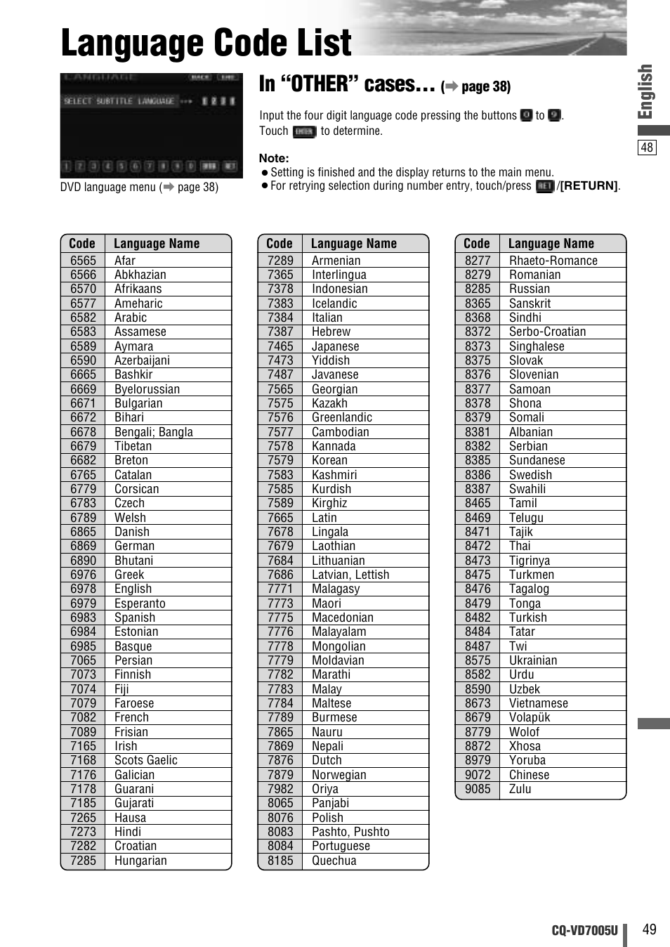 Language code list, English | Panasonic CQ-VD7005U User Manual | Page 49 / 52