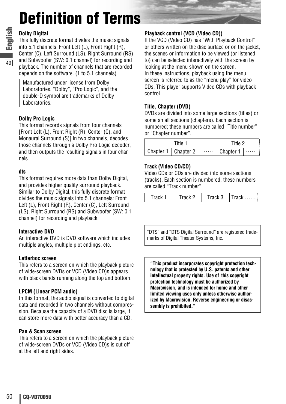 Definition of terms, English | Panasonic CQ-VD7005U User Manual | Page 50 / 52