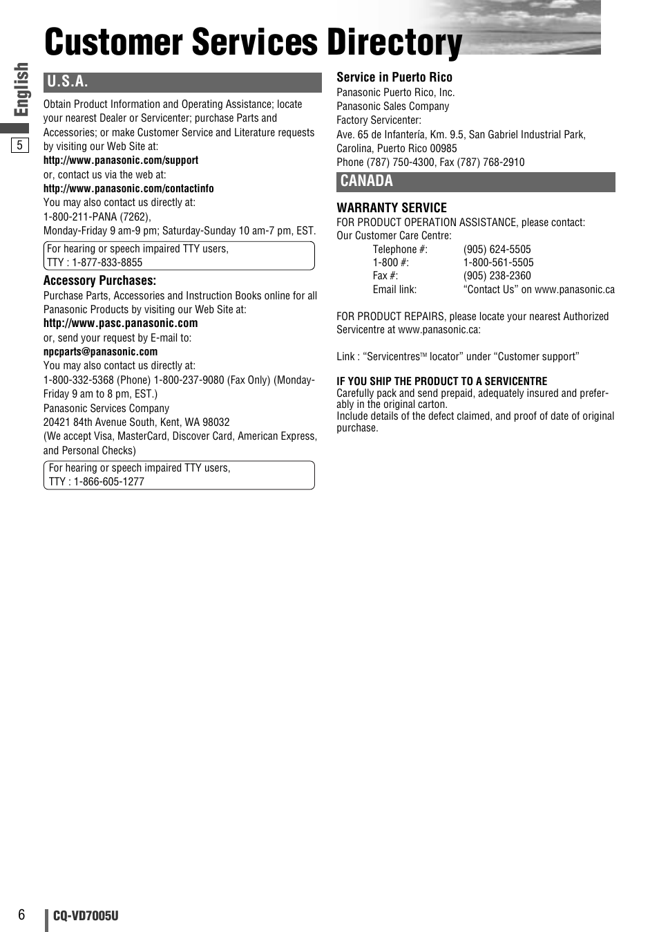 Customer services directory, English, U.s.a | Canada | Panasonic CQ-VD7005U User Manual | Page 6 / 52