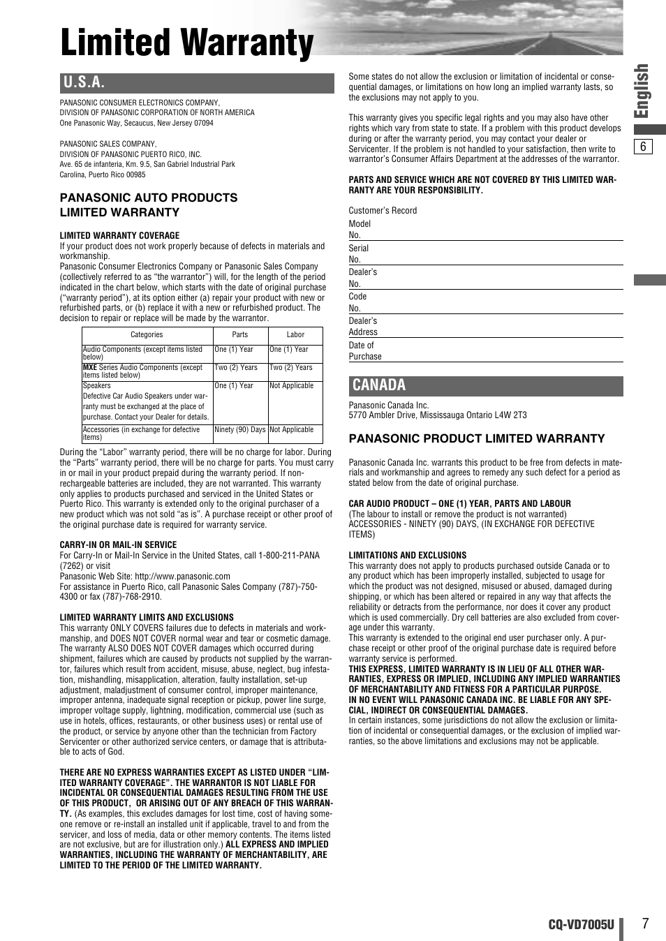 Limited warranty, English, U.s.a | Canada, Cq-vd7005u | Panasonic CQ-VD7005U User Manual | Page 7 / 52