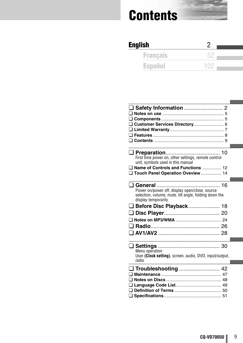 Panasonic CQ-VD7005U User Manual | Page 9 / 52