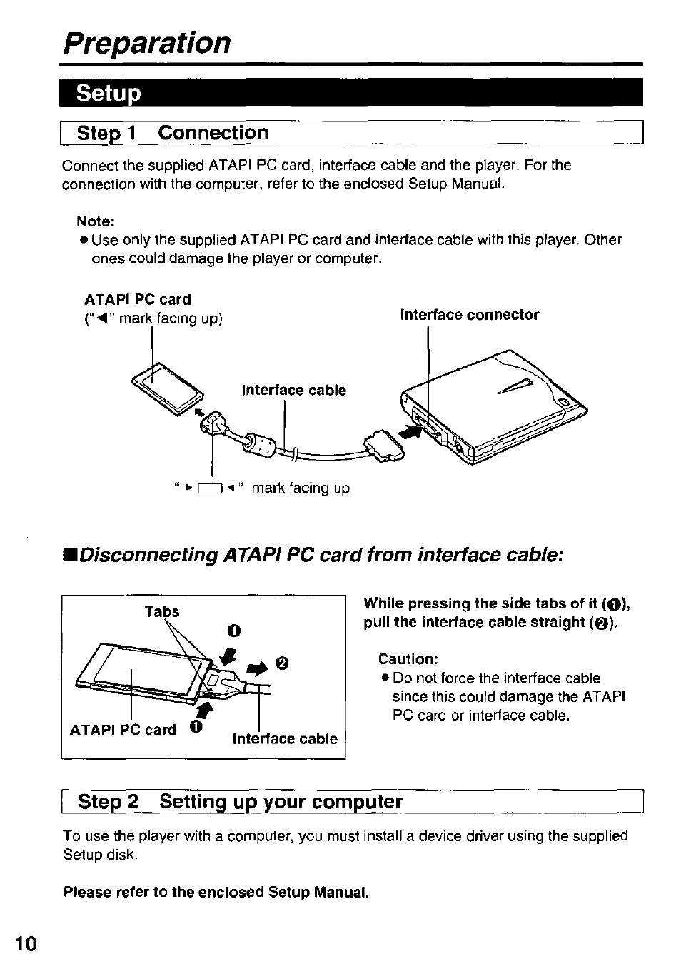 Preparation, Setup, Step 1 connection | Disconnecting atapt pc card from interface cable, I step 2 setting up your computer | Panasonic KXL-807A User Manual | Page 10 / 32