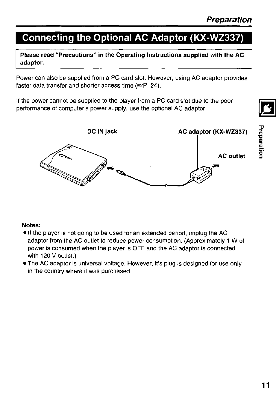 Connecting the optional ac adaptor (kx-wz337), Preparation | Panasonic KXL-807A User Manual | Page 11 / 32