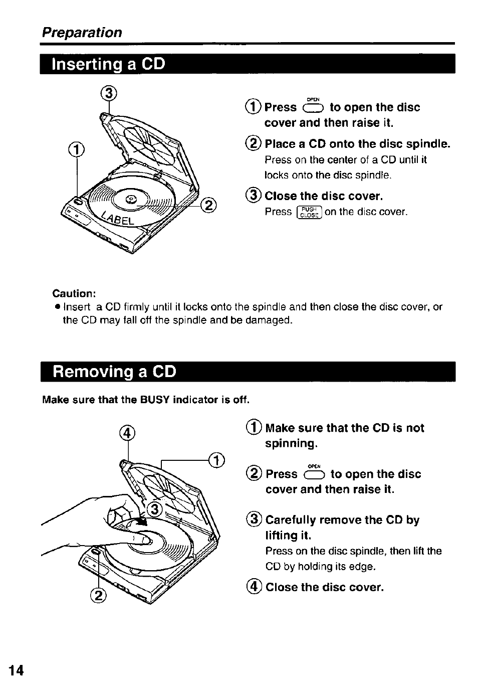 Inserting a cd, Removing a cd, Preparation | Panasonic KXL-807A User Manual | Page 14 / 32