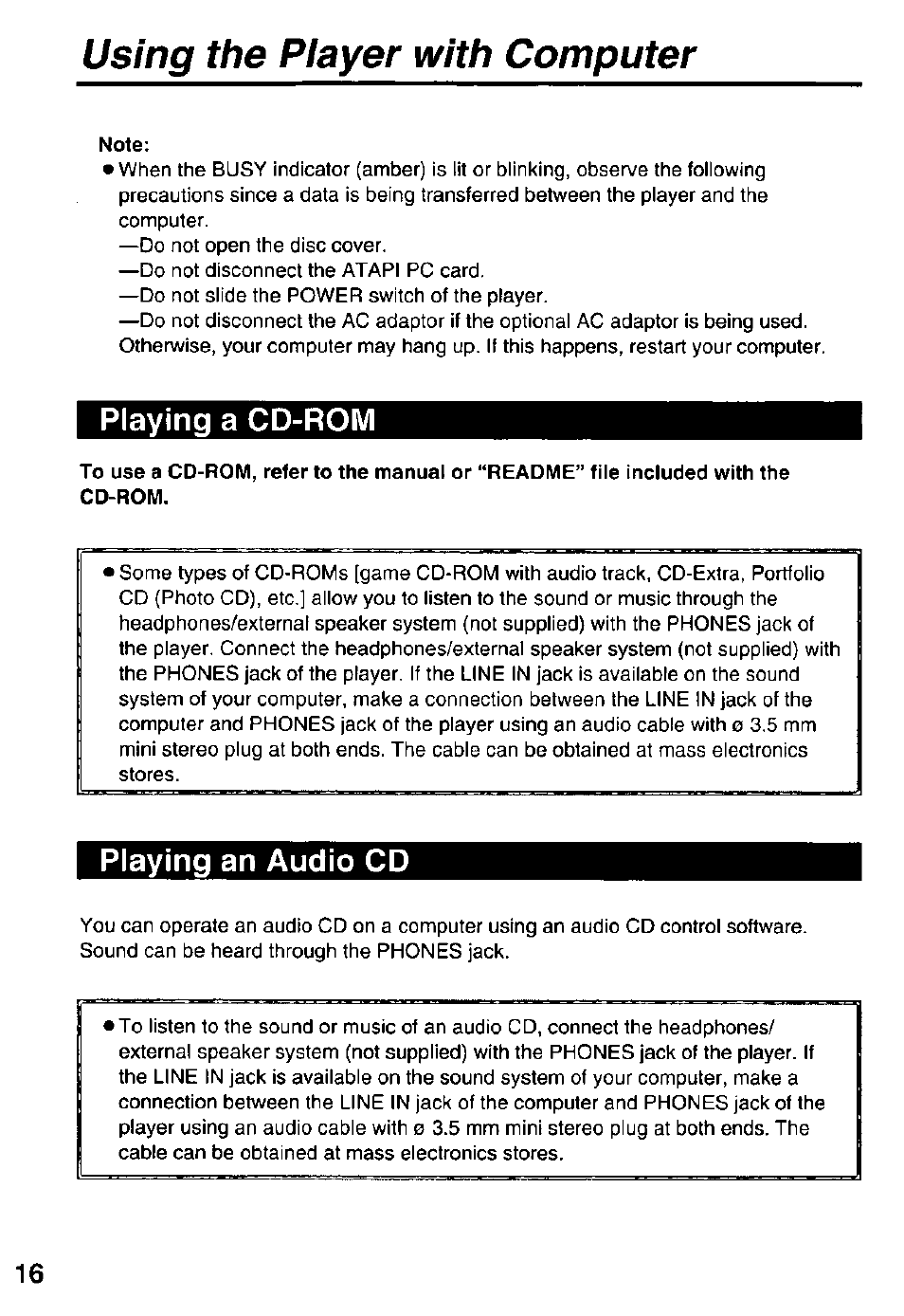 Using the player with computer, Playing a cd-rom, Playing an audio cd | Panasonic KXL-807A User Manual | Page 16 / 32