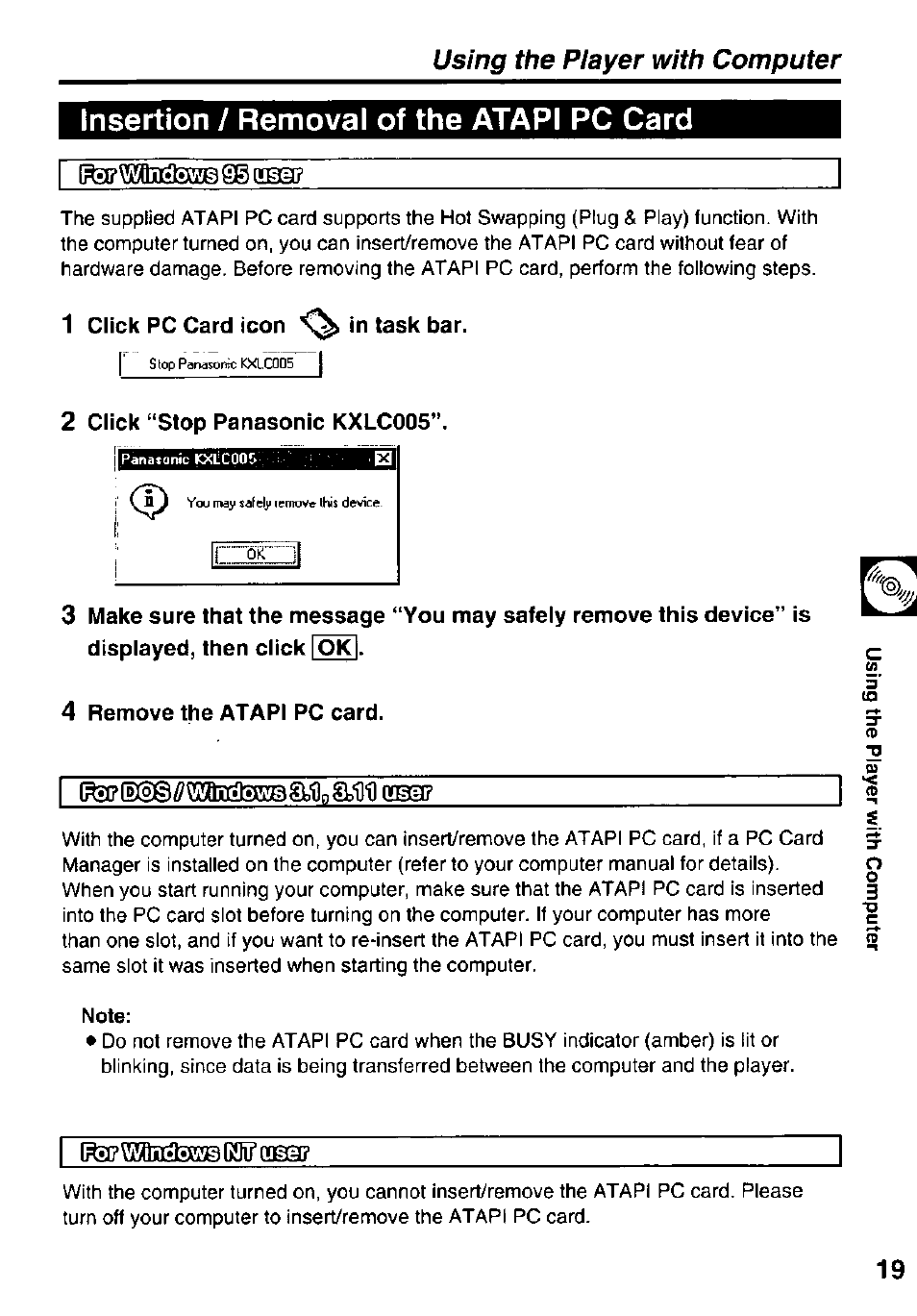 Insertion / removal of the atari pc card, Sfc.'ooa.tjtlcasa, Using the player with computer | Panasonic KXL-807A User Manual | Page 19 / 32