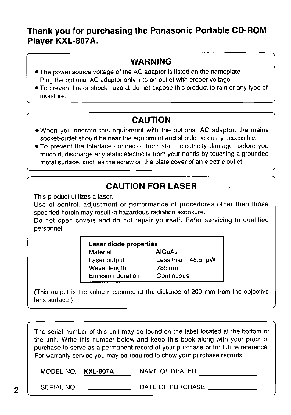 Warning, Caution, Caution for laser | Panasonic KXL-807A User Manual | Page 2 / 32