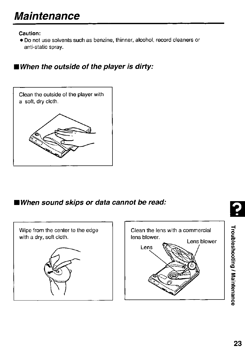 Maintenance, I when the outside of the player is dirty, When sound skips or data cannot be read | Panasonic KXL-807A User Manual | Page 23 / 32