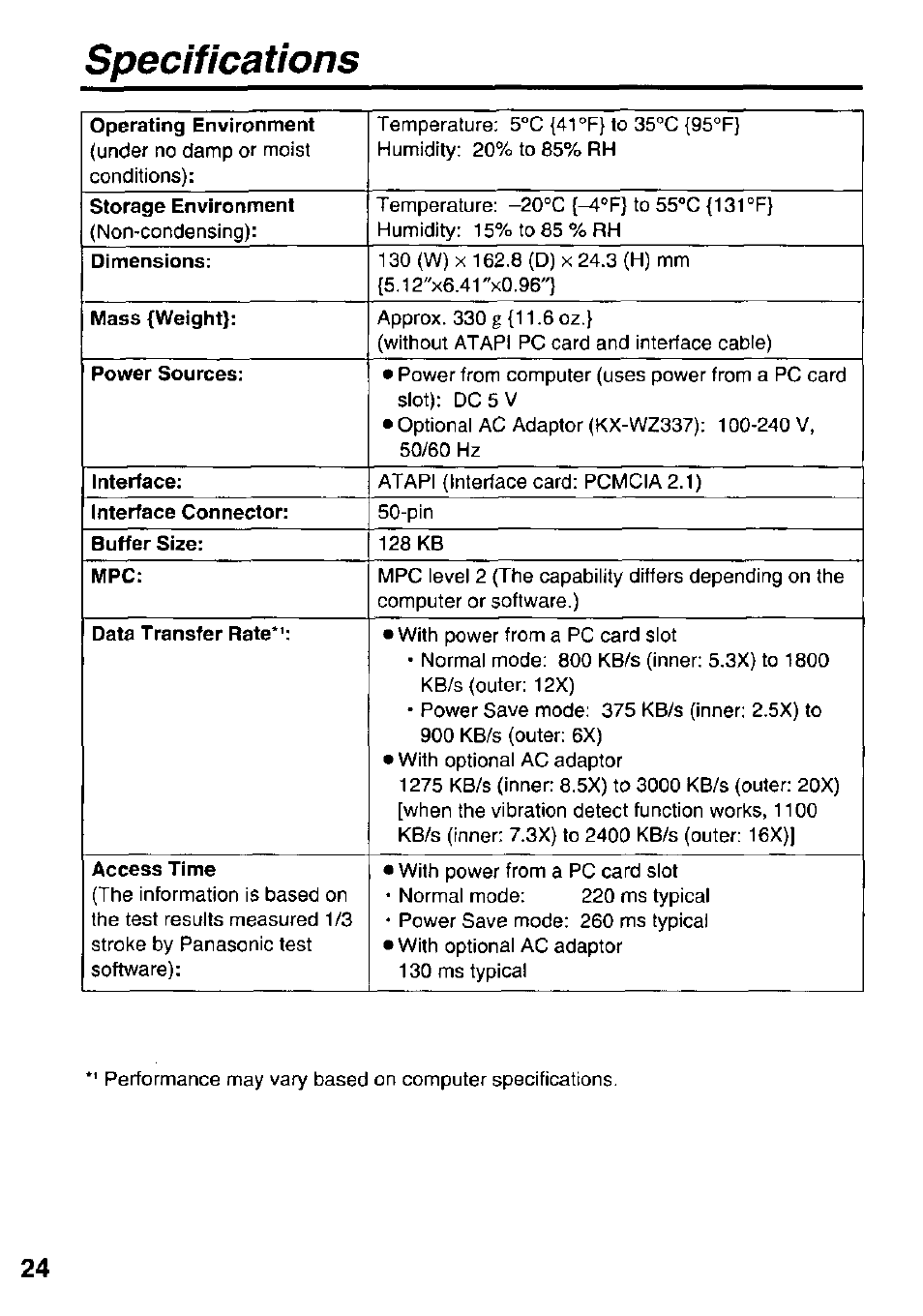 Specifications | Panasonic KXL-807A User Manual | Page 24 / 32