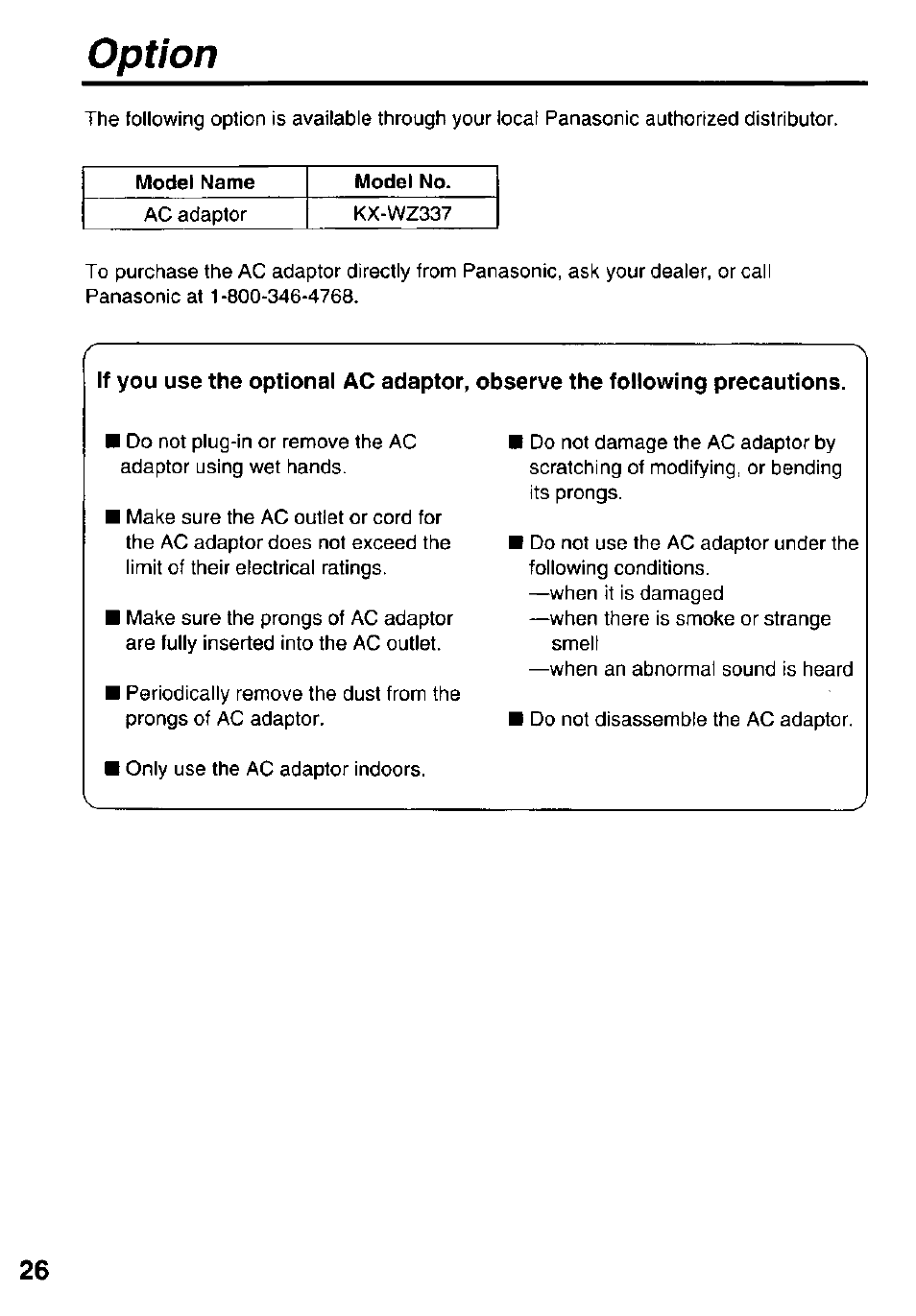 Option | Panasonic KXL-807A User Manual | Page 26 / 32