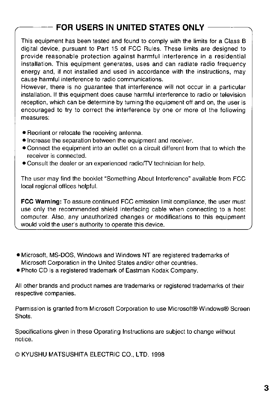 For users in united states only | Panasonic KXL-807A User Manual | Page 3 / 32