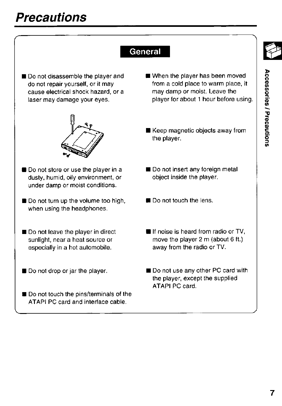 Precautions, General | Panasonic KXL-807A User Manual | Page 7 / 32