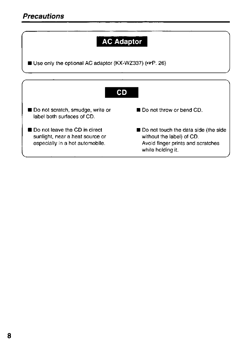 Precautions, Ac adaptor | Panasonic KXL-807A User Manual | Page 8 / 32