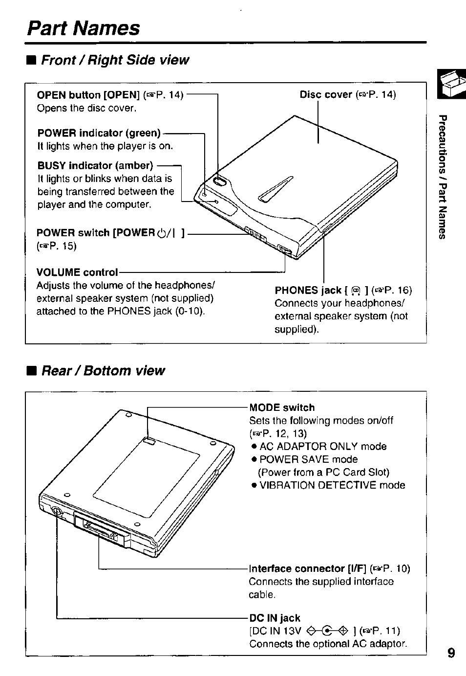 Part names, Front / right side view, Rear/bottom view | Panasonic KXL-807A User Manual | Page 9 / 32