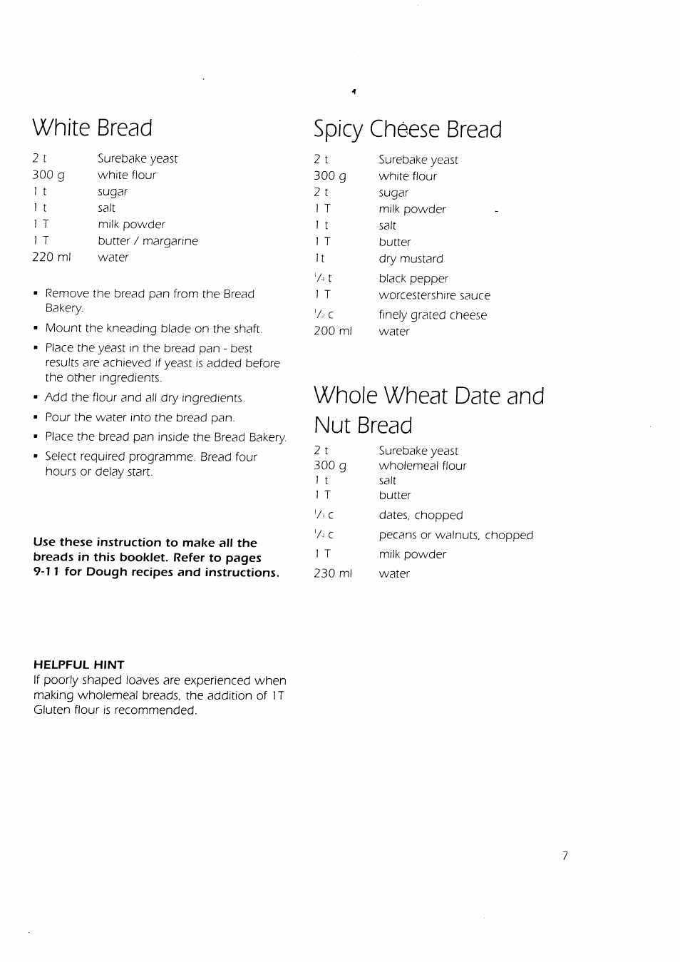 White bread, Spicy cheese bread, Whole wheat date anc nut bread | Panasonic SD-BT2P User Manual | Page 8 / 13