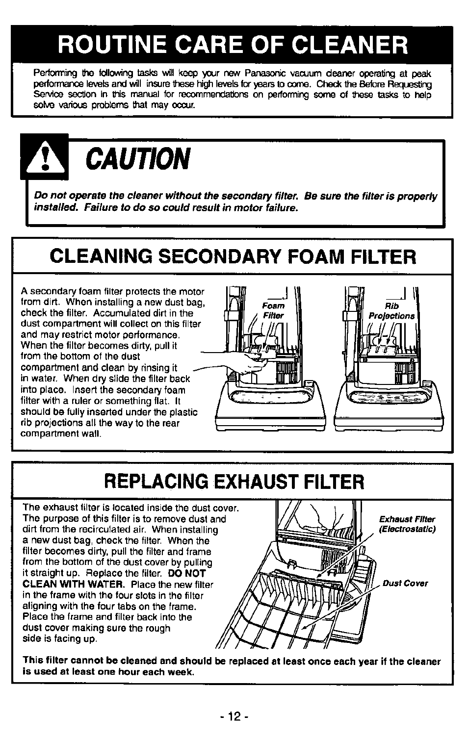 Routine care of cleaner, Caution, Cleaning secondary foam filter | Replacing exhaust filter | Panasonic MC-V6945 User Manual | Page 12 / 24