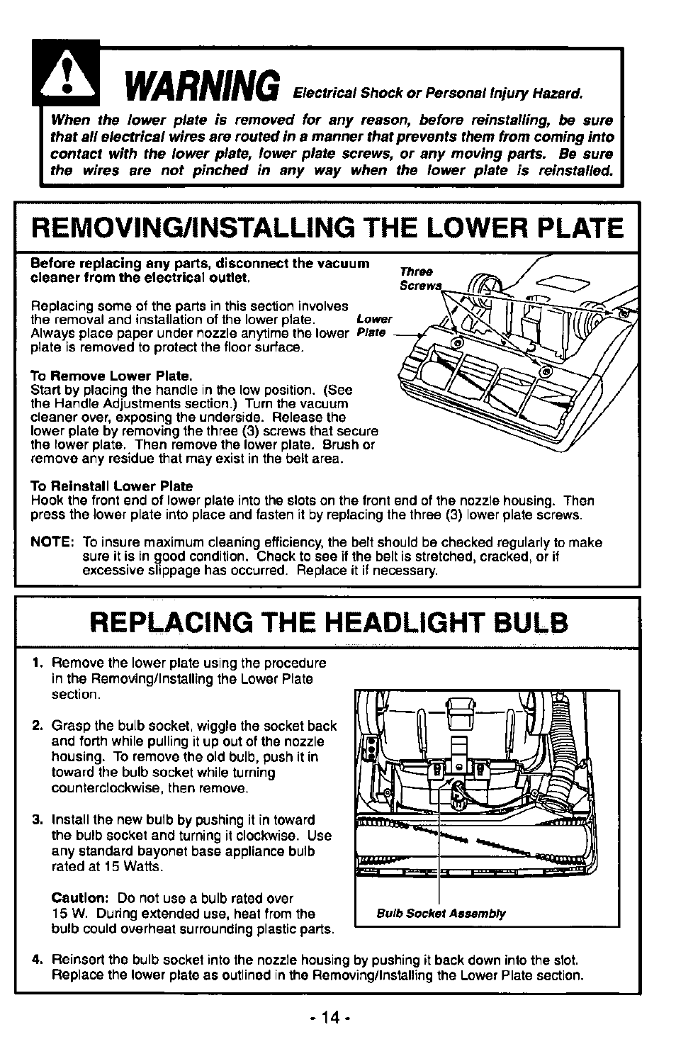 Warning, Removing/installing the lower plate, Replacing the headlight bulb | Panasonic MC-V6945 User Manual | Page 14 / 24