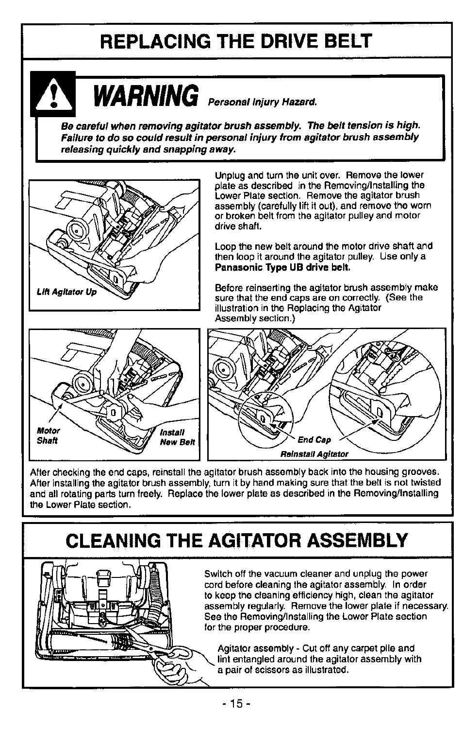 Warning, Replacing the drive belt, Cleaning the agitator assembly | Panasonic MC-V6945 User Manual | Page 15 / 24