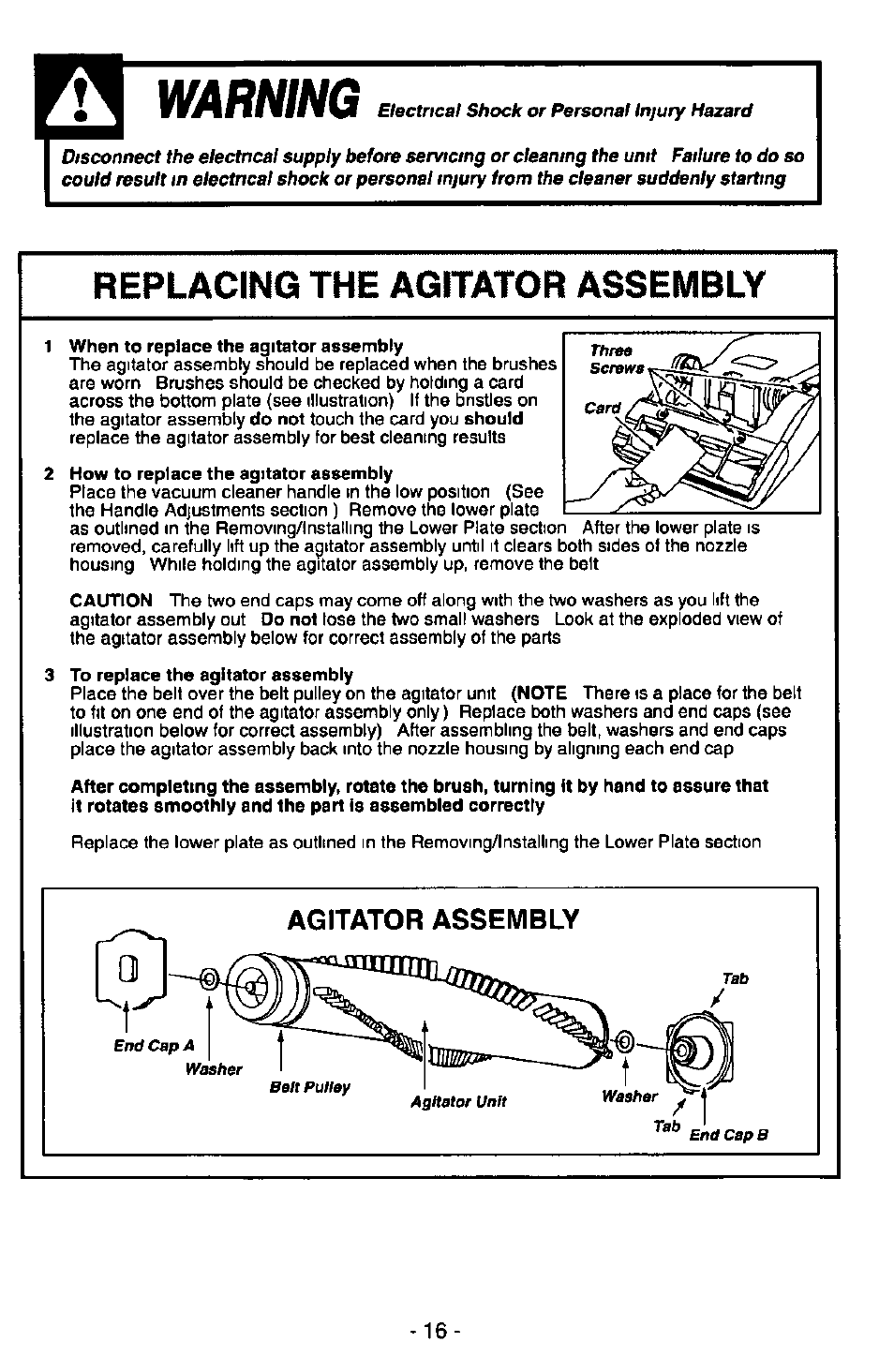 Warning, Replacing the agitator assembly | Panasonic MC-V6945 User Manual | Page 16 / 24